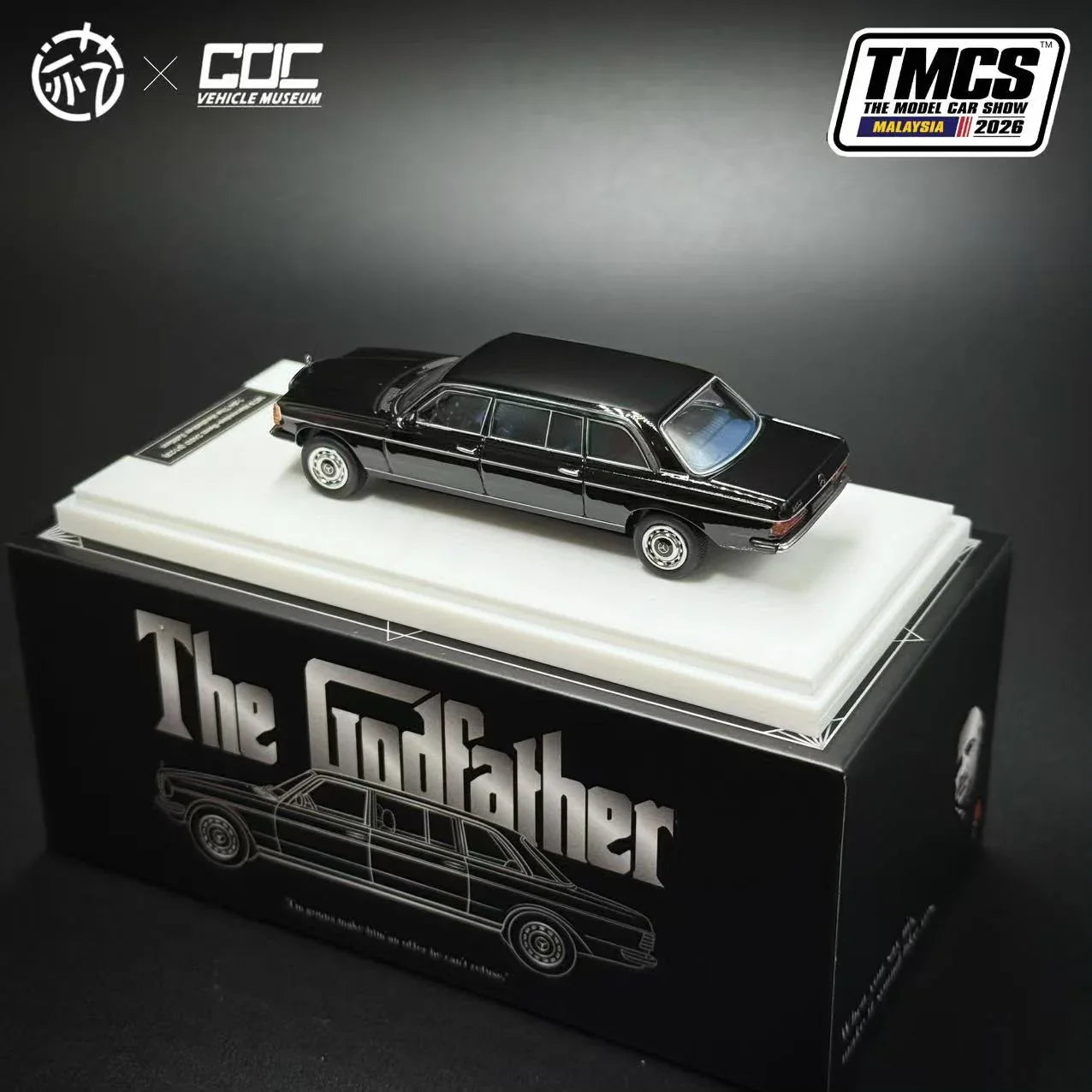 Premium scale diecast model car – Mercedes Benz W123 LIMO - The Godfather Edition, 1:64 Scale (Black) Collectible