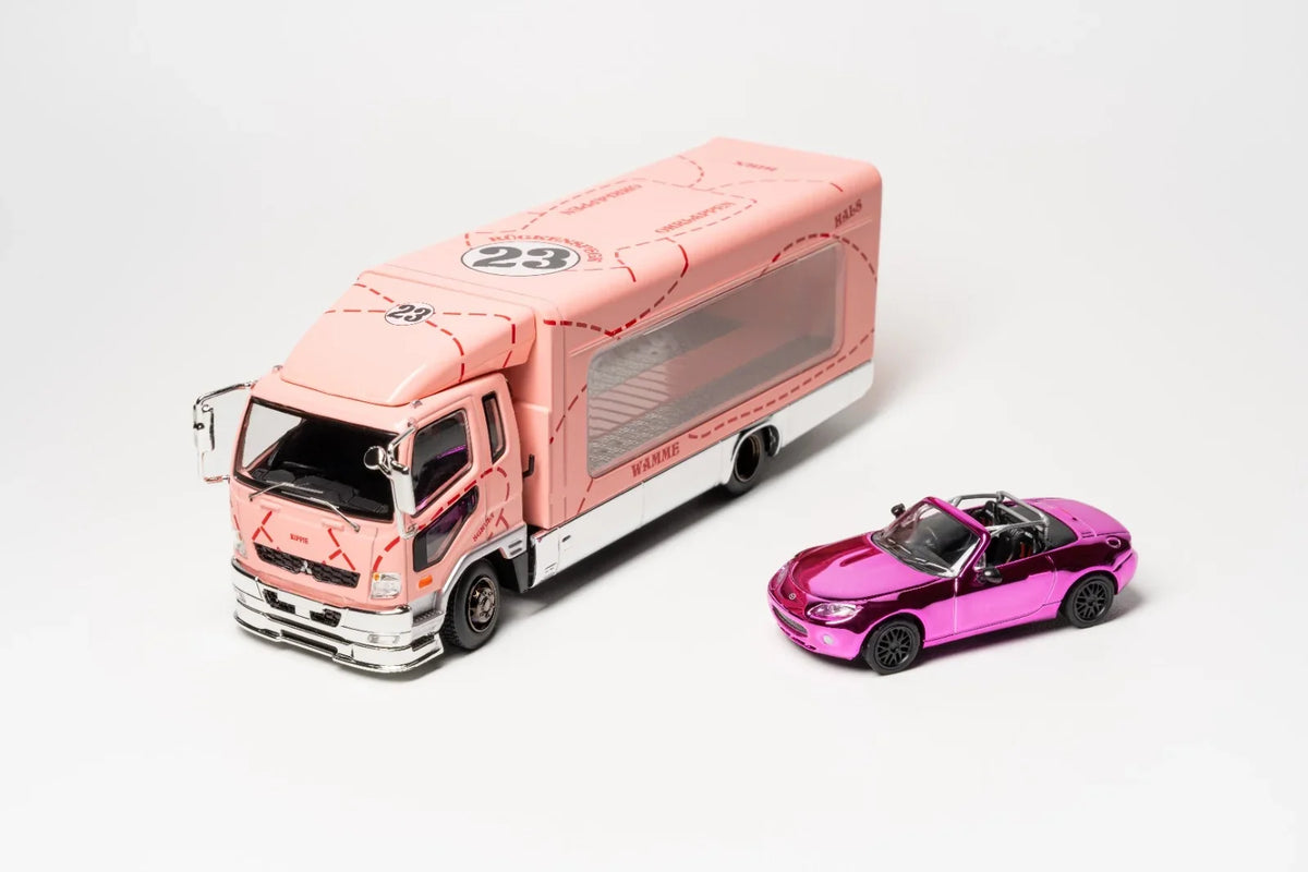 Premium scale diecast model car – *PRE-ORDER* Fuso Fighter (1024) Transporter with MX-5 Spec Miata (NC1) Pink (Limited Gift Set), 1:64 Scale Collectible