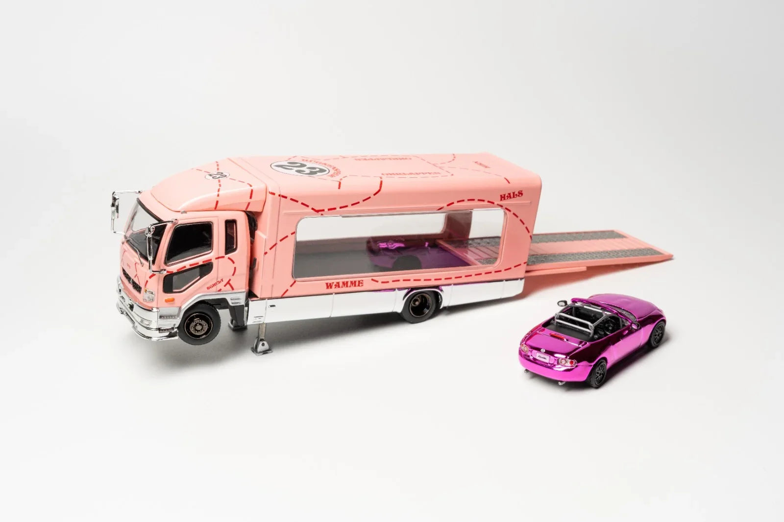 Premium scale diecast model car – *PRE-ORDER* Fuso Fighter (1024) Transporter with MX-5 Spec Miata (NC1) Pink (Limited Gift Set), 1:64 Scale Collectible