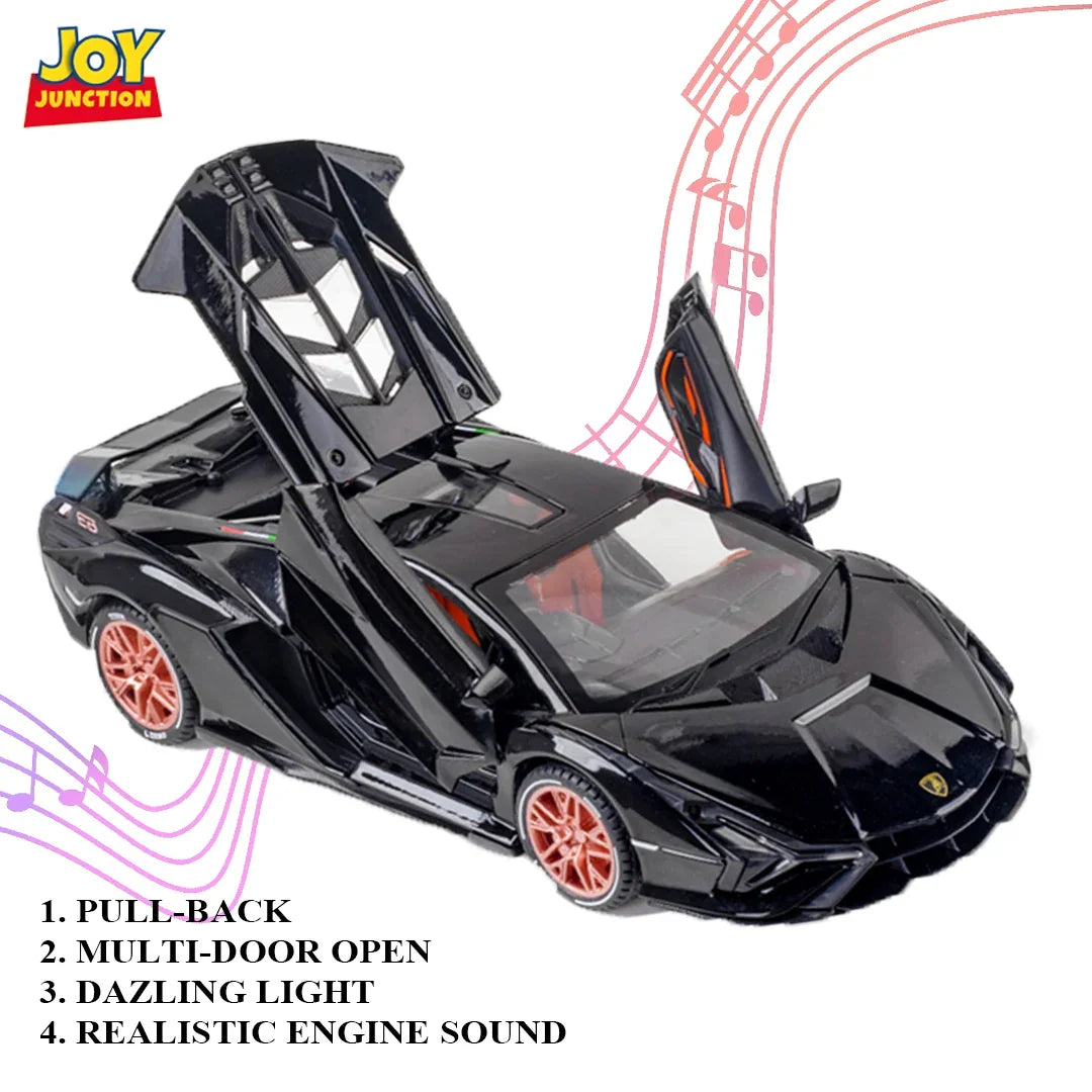 Premium scale diecast model car – Lamborghini Lightning - Light, Sound with Openable Doors, 1:24 Scale (Black) Collectible