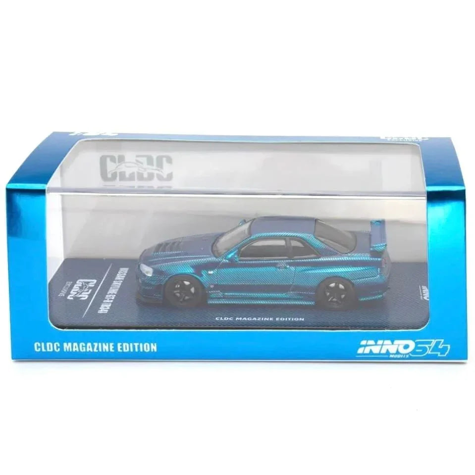 Premium scale diecast model car – *PRE-ORDER* Skyline GT-R R34 CLDC Magazine Edition,1:64 Scale (Chrome Blue) Collectible