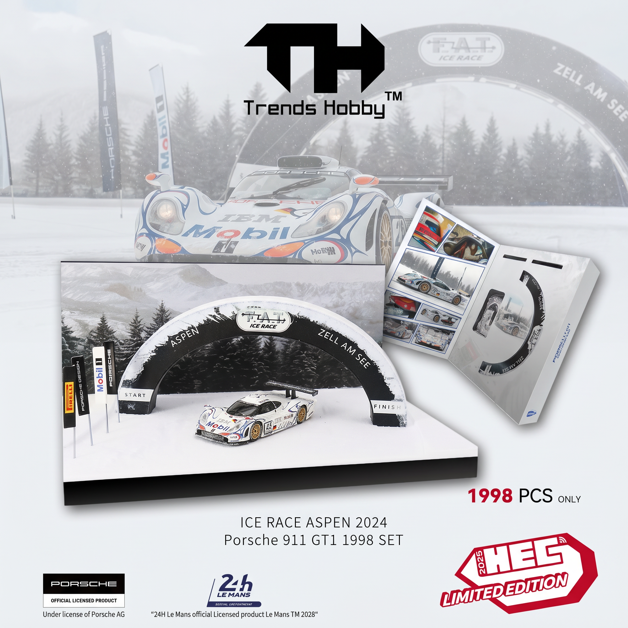 Premium scale diecast model car – *HEC 2026* Porsche 911 GT1 Ice Race Aspen 2024 Limited Edition 1998 Sets, 1:64 Scale (White) Collectible