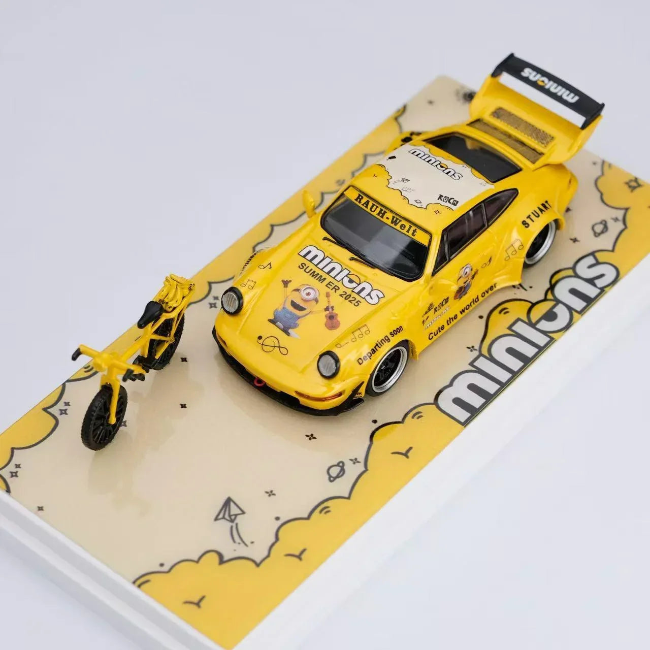 Premium scale diecast model car – Porsche 911 (993) RWB Minions Cartoon Livery with Bicycle Included, 1:64 Scale (Yellow) Collectible