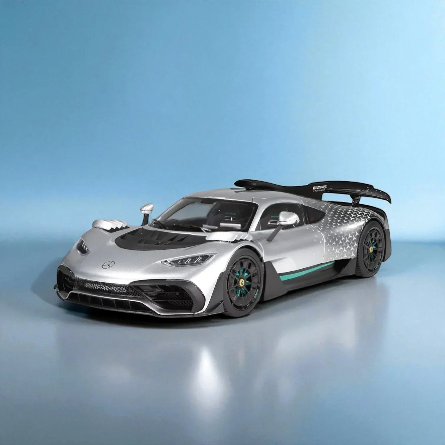 Premium scale diecast model car – Mercedes-AMG ONE "race" with stars, 1:18 Scale (Silver) Collectible