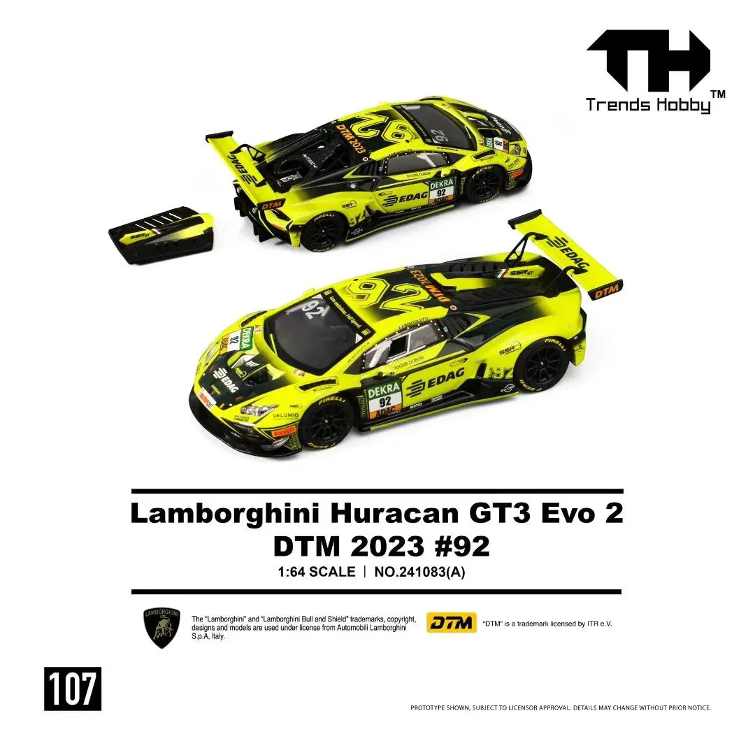 Premium scale diecast model car – *PRE-ORDER* Lamborghini Huracan GT3 Evo 2-DTM 2023 #92, 1:64 Scale (Fluorescent Green) Collectible