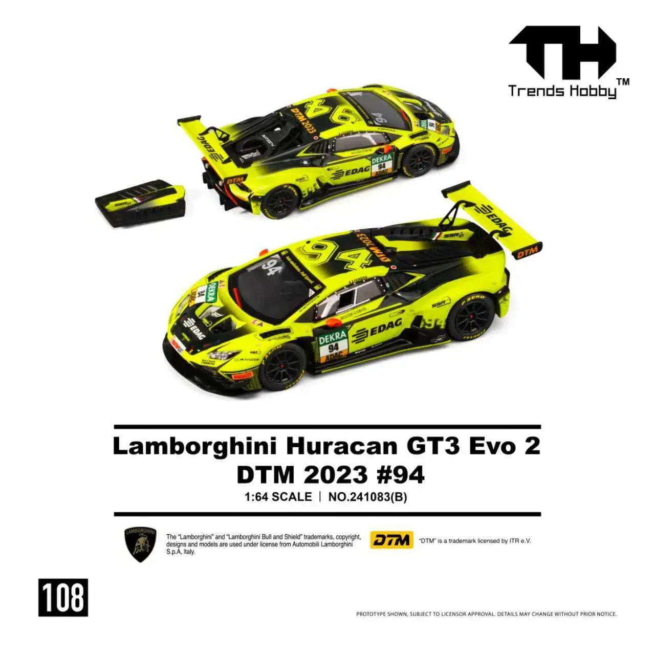 Premium scale diecast model car – *PRE-ORDER* Lamborghini Huracan GT3 Evo2 DTM2023 #94, 1:64 Scale Collectible