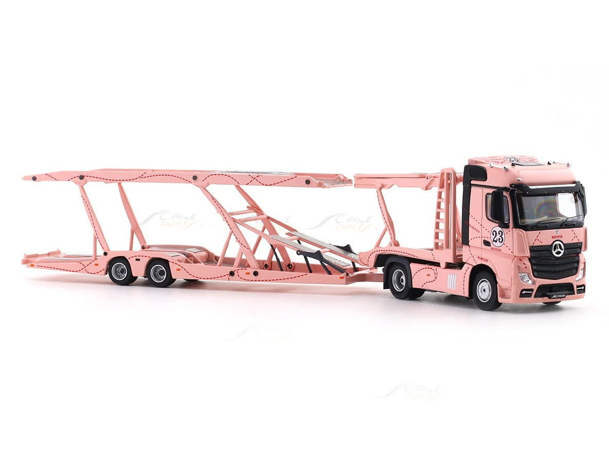 *PRE-ORDER* Mercedes-Benz Actros Double Axle Towing Truck - Pink Pig - Right-Hand Drive (Includes 1:64 Honda Fit Model Car with Matching Livery), 1:64 Scale