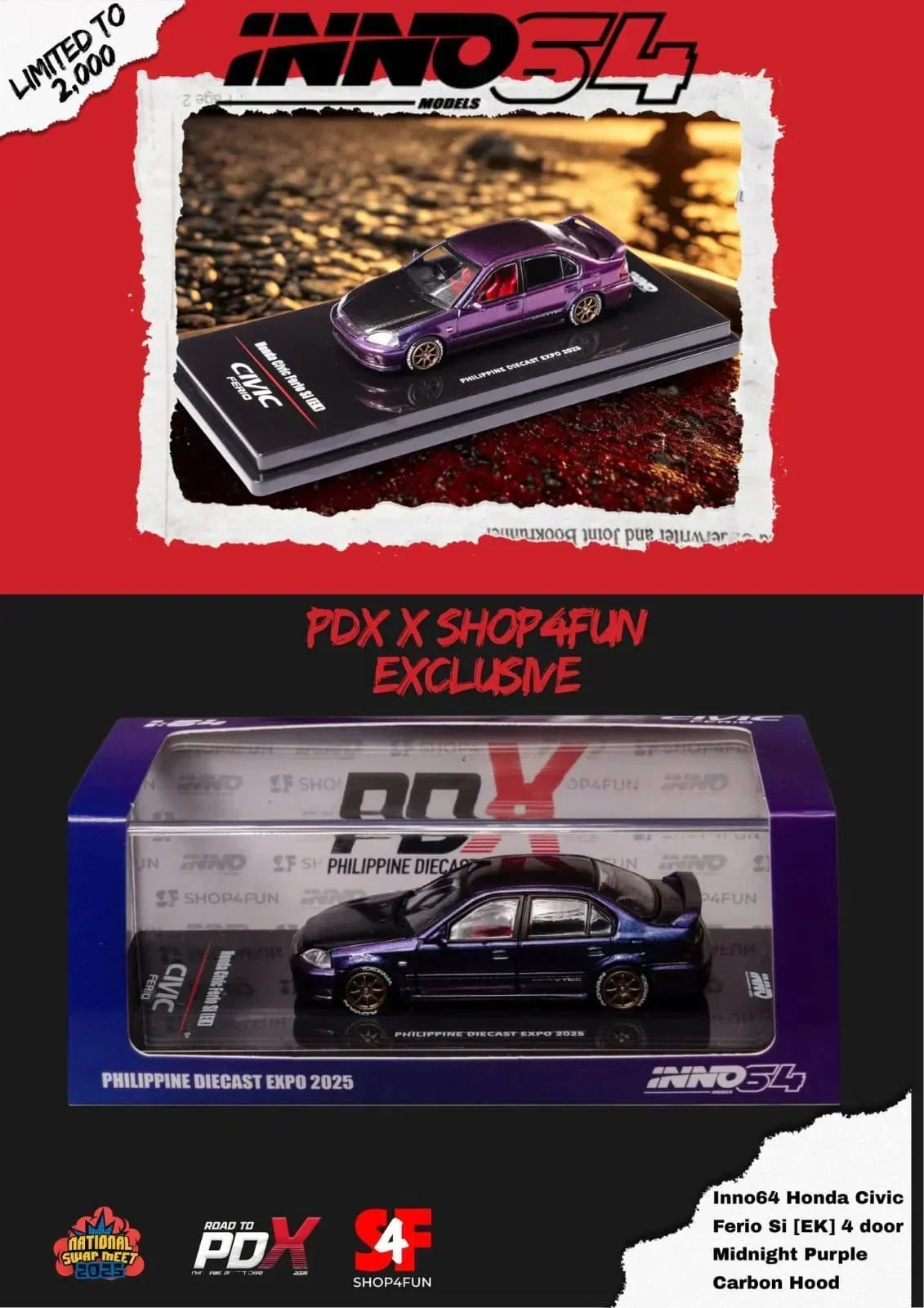 Premium scale diecast model car – Honda Civic Ferio Si (EK) Philippine Diecast Expo 2025, 1:64 Scale (Midnight Purple) Collectible