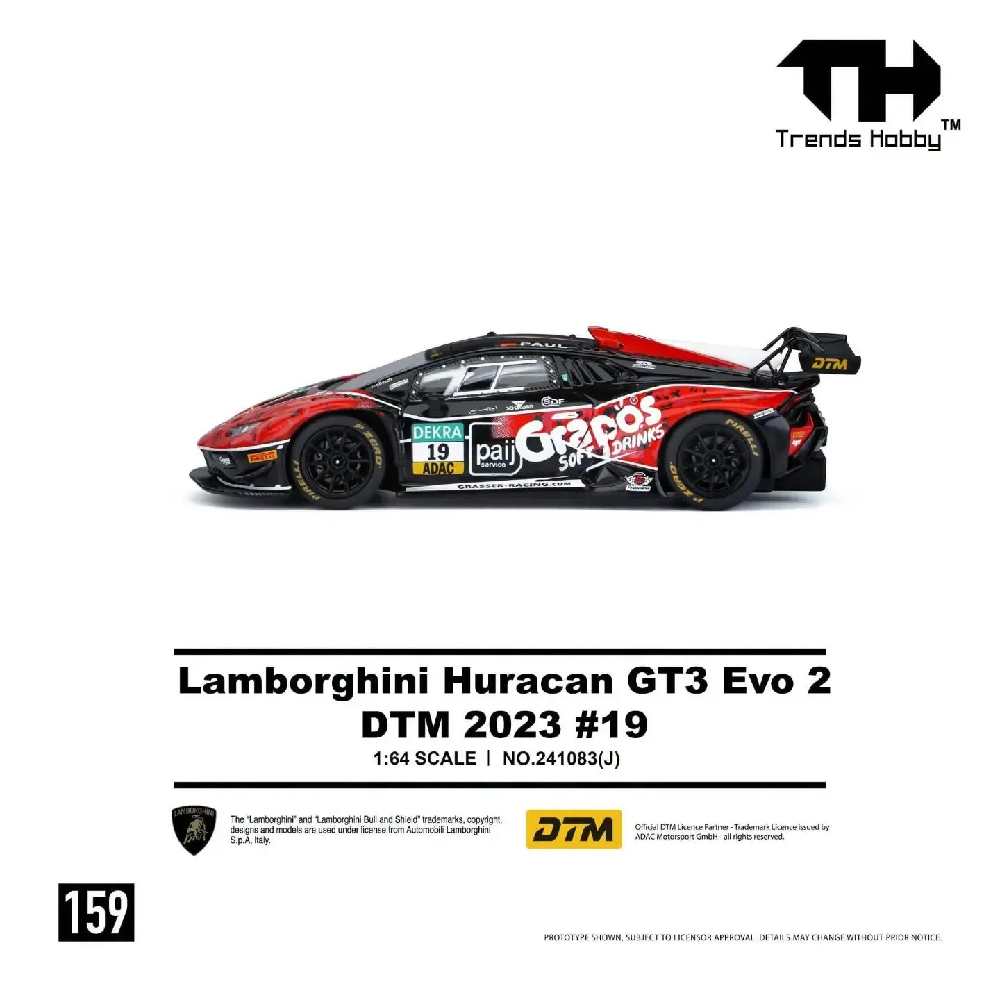 *PRE-ORDER* Lamborghini Huracan GT3 EVO2 Red-Black DTM 2023 #19, 1:64 Scale
