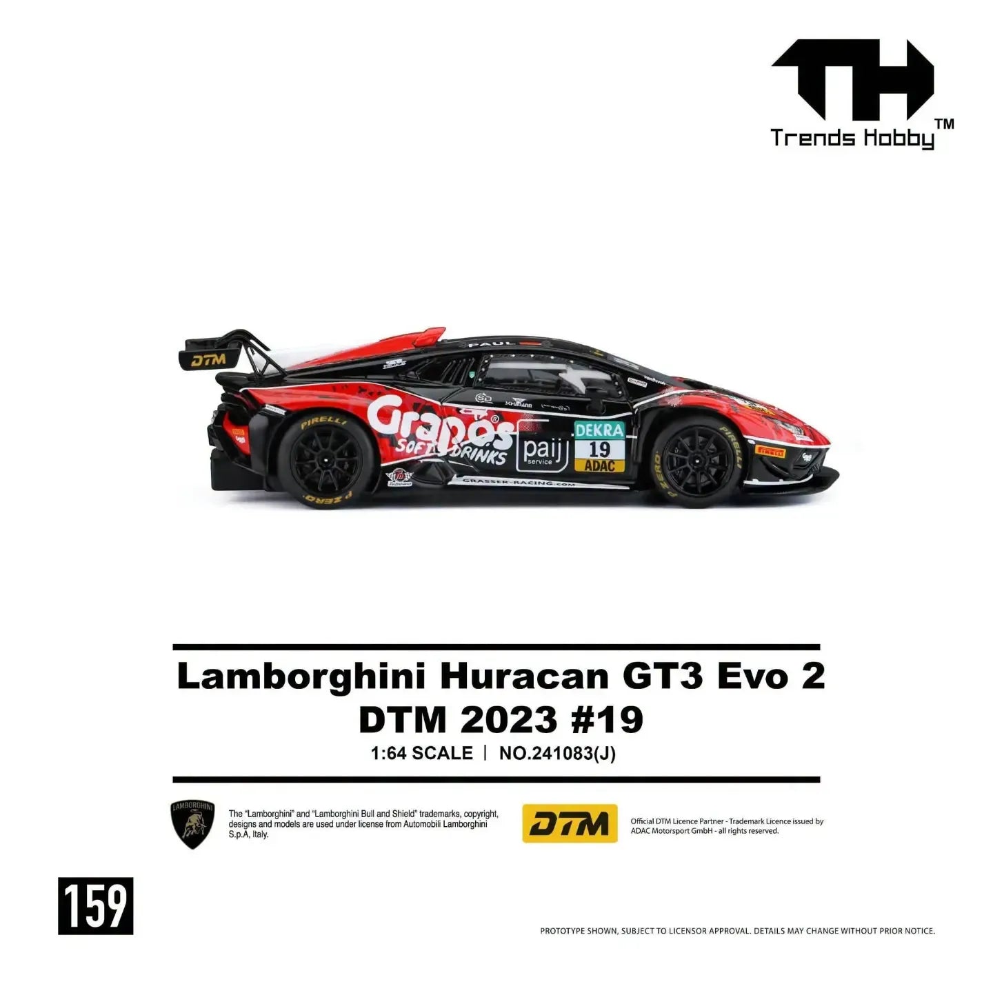 *PRE-ORDER* Lamborghini Huracan GT3 EVO2 Red-Black DTM 2023 #19, 1:64 Scale