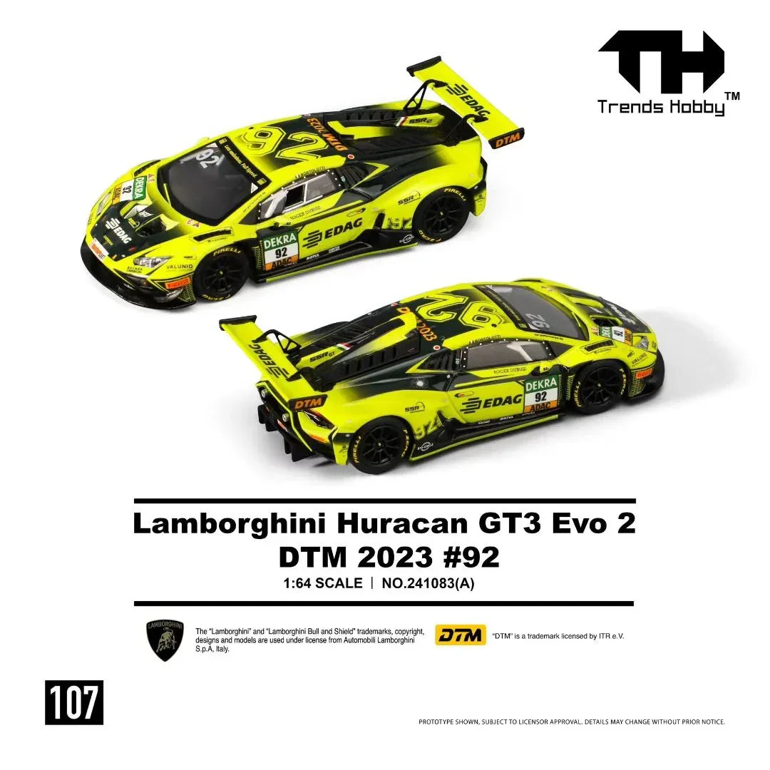 Premium scale diecast model car – *PRE-ORDER* Lamborghini Huracan GT3 Evo 2-DTM 2023 #92, 1:64 Scale (Fluorescent Green) Collectible