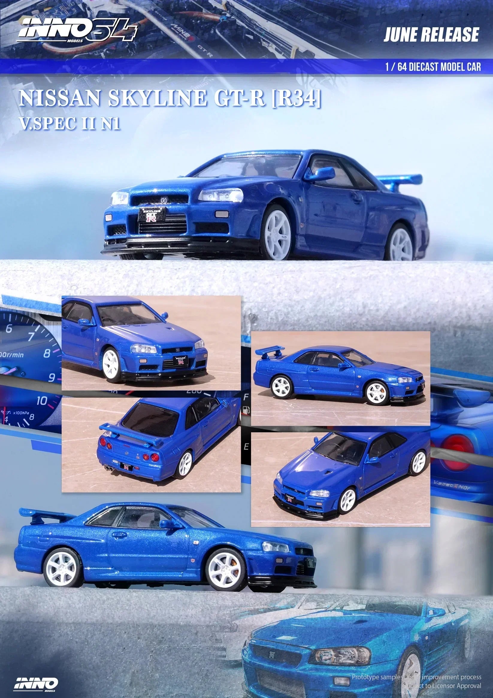 Premium scale diecast model car – *PRE-ORDER* Nissan Skyline GT-R (R34) V-Spec II N1, 1:64 Scale (Blue) Collectible
