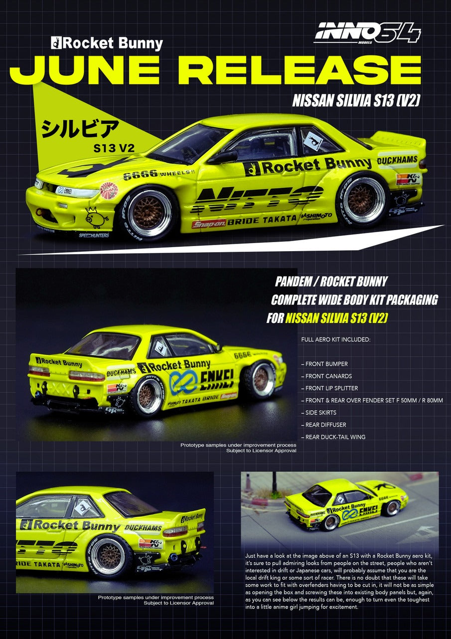 Premium scale diecast model car – *PRE-ORDER* Nissan Silvia S13 V2 Pandem / Rocket Bunny, 1:64 Scale (Light Yellow) Collectible