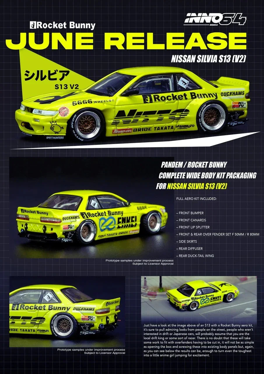 Premium scale diecast model car – *PRE-ORDER* Nissan Silvia S13 V2 Pandem / Rocket Bunny, 1:64 Scale (Light Yellow) Collectible