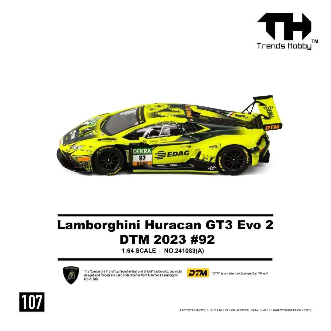 Premium scale diecast model car – *PRE-ORDER* Lamborghini Huracan GT3 Evo 2-DTM 2023 #92, 1:64 Scale (Fluorescent Green) Collectible