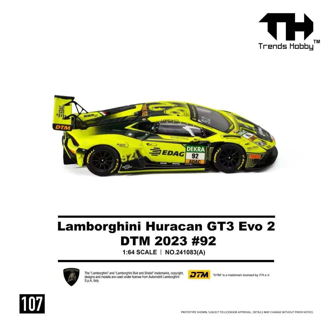 Premium scale diecast model car – *PRE-ORDER* Lamborghini Huracan GT3 Evo 2-DTM 2023 #92, 1:64 Scale (Fluorescent Green) Collectible
