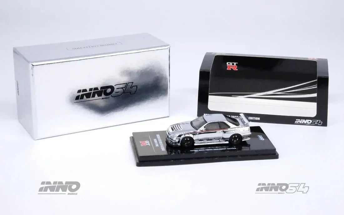 Premium scale diecast model car – *PRE-ORDER* Nissan Skyline GT-R (R34) Nismo R-Tune Silver Chrome Hobby Expo China 2023 Event Edition,1:64 Scale (Silver) Collectible