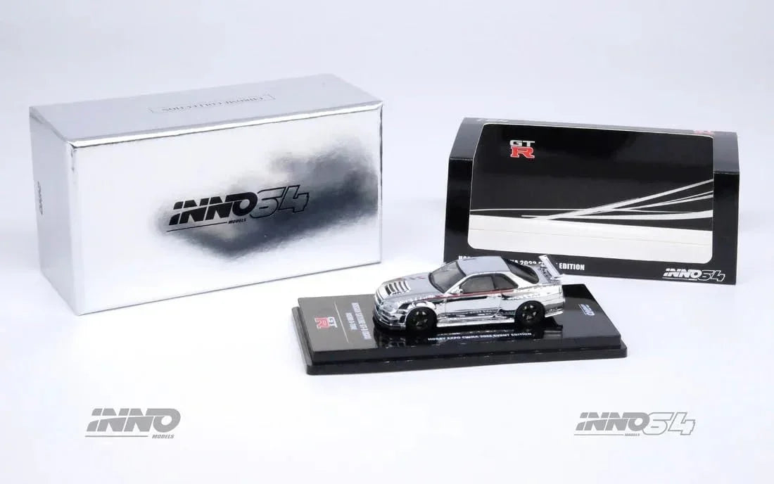 Premium scale diecast model car – *PRE-ORDER* Nissan Skyline GT-R (R34) Nismo R-Tune Silver Chrome Hobby Expo China 2023 Event Edition,1:64 Scale (Silver) Collectible