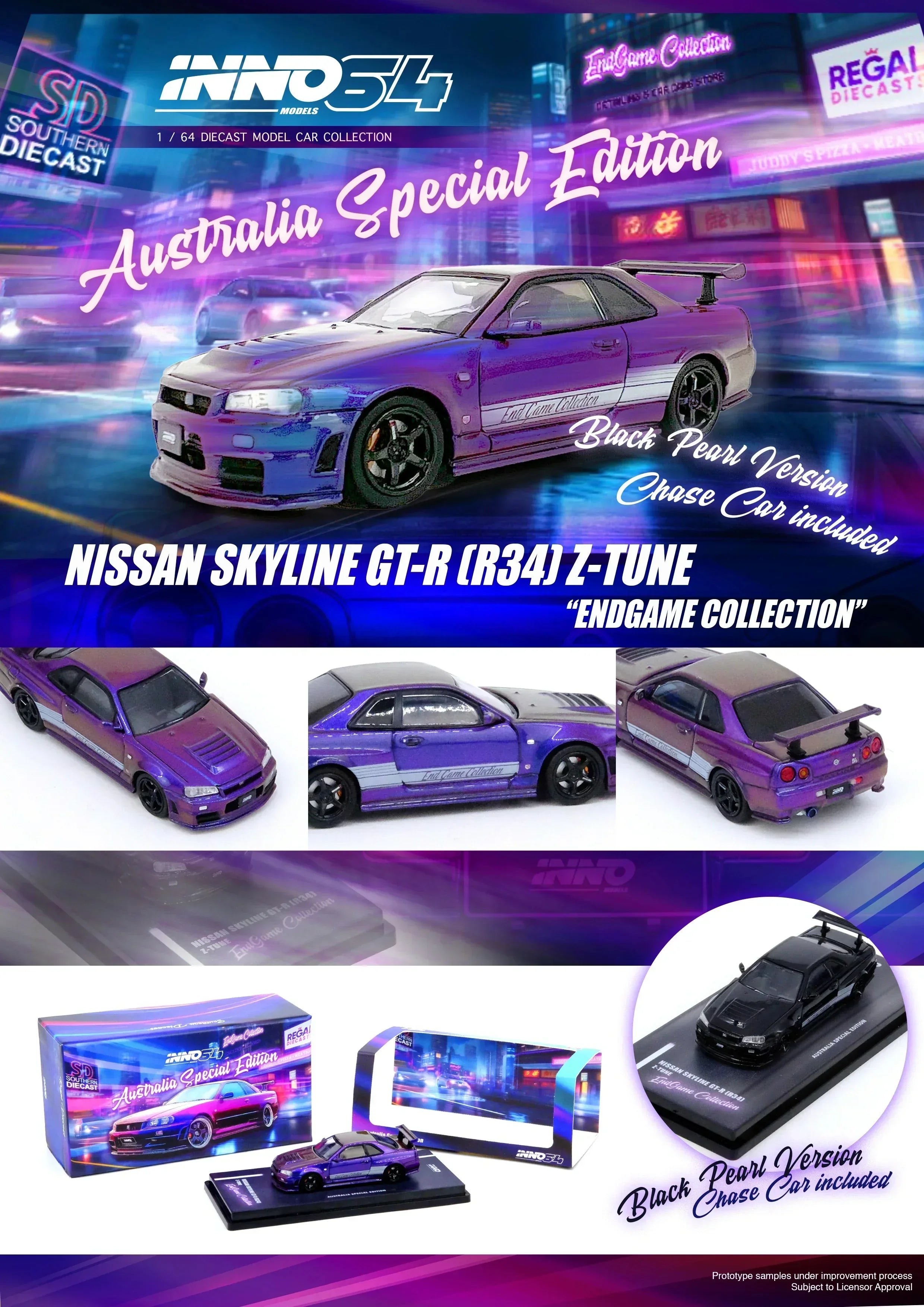Premium scale diecast model car – *PRE-ORDER* Nissan Skyline GT-R (R34) Z-Tune "Endgame" Australia Special Edition, 1:64 Scale (Purple) Collectible
