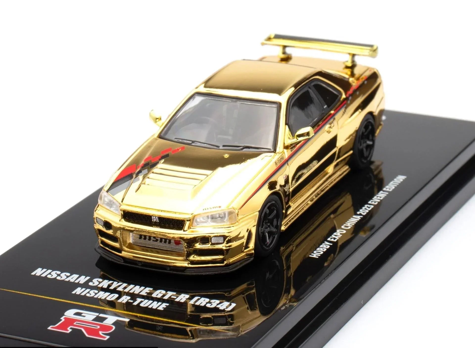 Premium scale diecast model car – *PRE-ORDER* Nissan Skyline GT-R (R34) Nismo R-Tune Gold Chrome Hobby Expo China 2023 Event Edition,1:64 Scale (Gold) Collectible