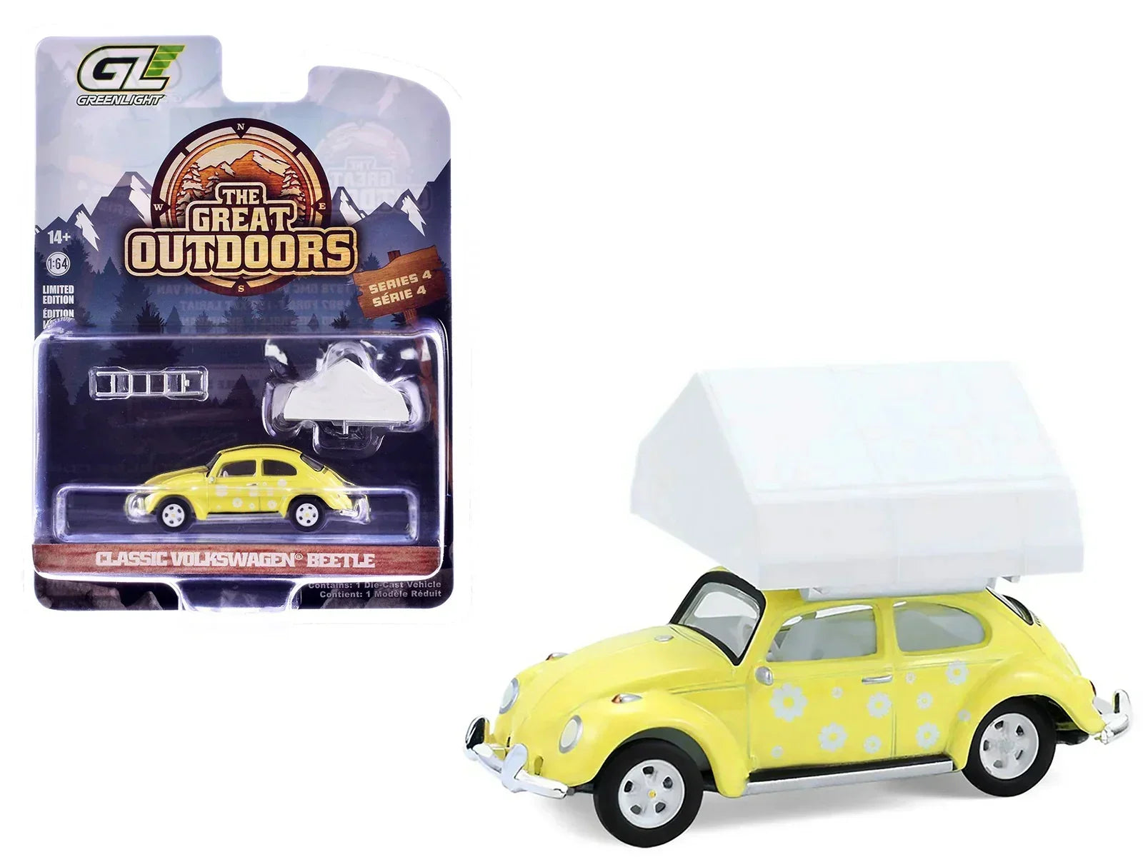 Premium scale diecast model car – Classic Volkswagen Beetle (The Great Outdoors Edition), 1:64 Scale (Yellow) Collectible