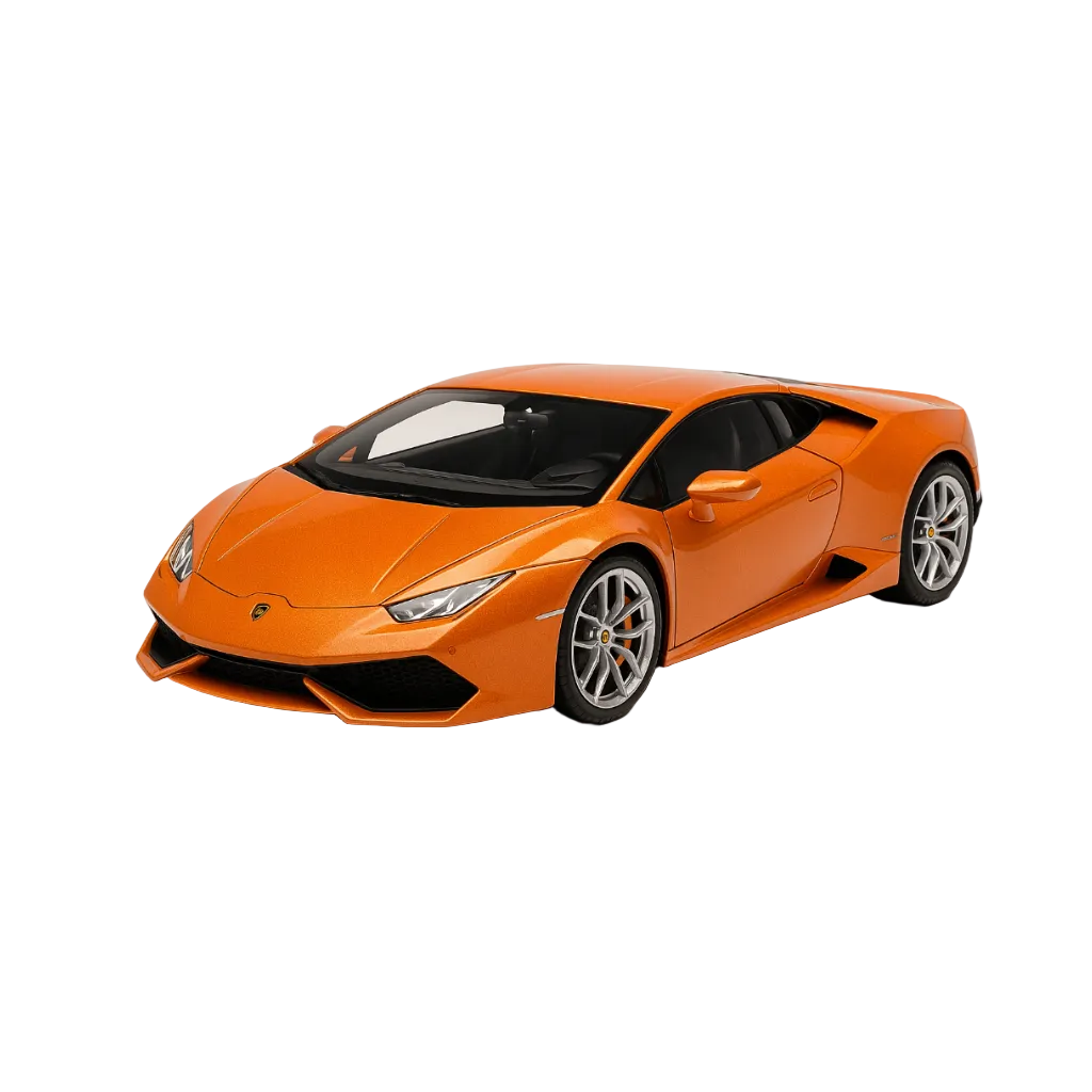 The KT5382W – Lamborghini Huracan LP 610-4 die-cast model in bright orange (1:46 scale) is displayed on a white background, front left angle, showcasing its sleek design and silver alloy wheels.