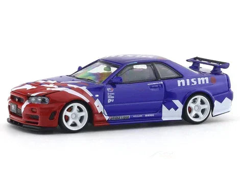 Premium scale diecast model car – *HEC 2026* Nissan Skyline GT-R (BNR34) Nismo R-Tune Concept, 1:64 Scale (Blue & Red) Collectible