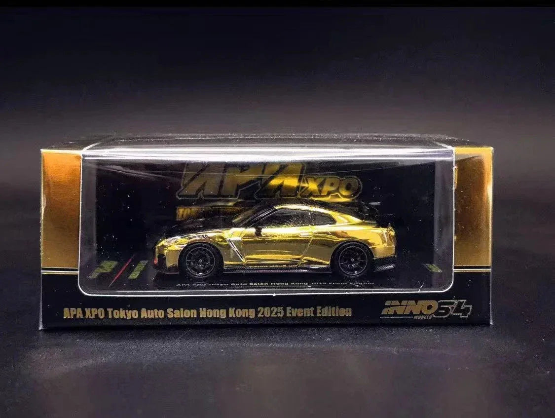 Premium scale diecast model car – GT-R (R35) Nismo Apaexpo Tokyo Auto Salon Hong Kong 2025, 1:64 Scale (Chrome Gold) Collectible