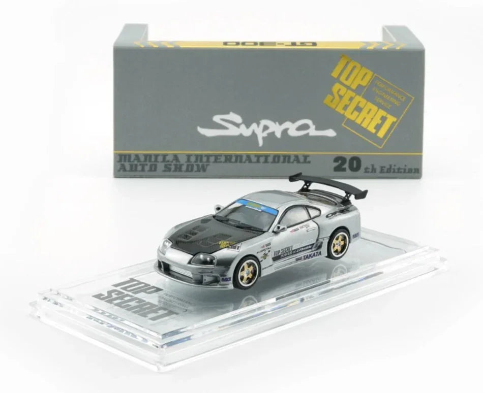 Premium scale diecast model car – Toyota Supra Top Secret JZA80 (RHD) Manila Show, 1:64 Scale (Silver) Collectible