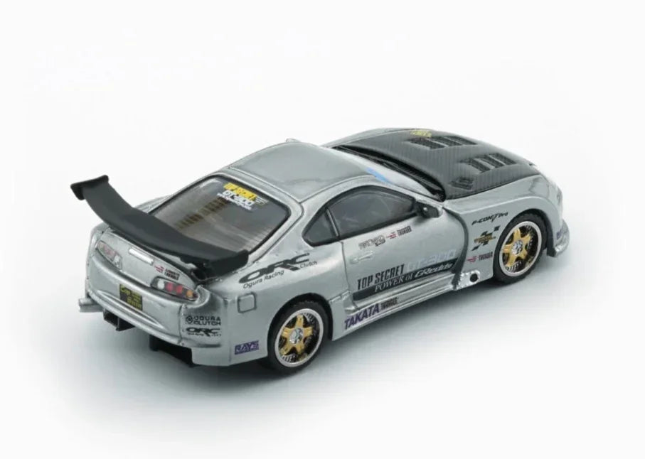Premium scale diecast model car – Toyota Supra Top Secret JZA80 (RHD) Manila Show, 1:64 Scale (Silver) Collectible