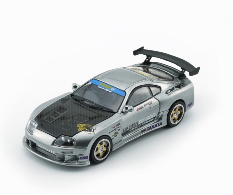 Premium scale diecast model car – Toyota Supra Top Secret JZA80 (RHD) Manila Show, 1:64 Scale (Silver) Collectible