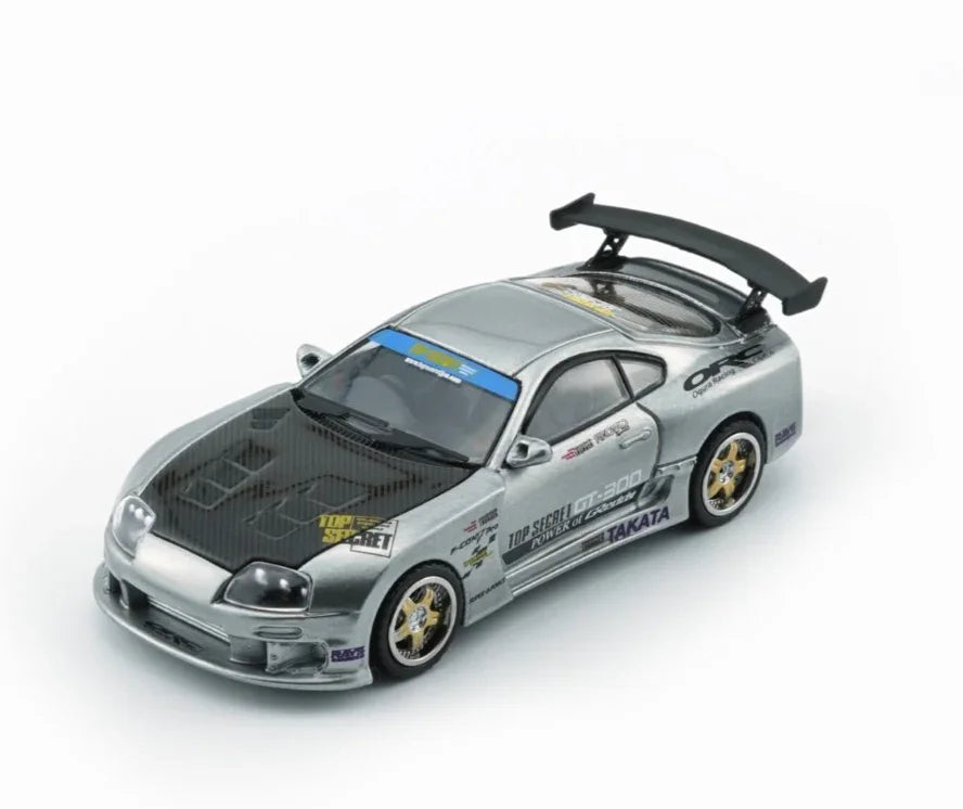Premium scale diecast model car – Toyota Supra Top Secret JZA80 (RHD) Manila Show, 1:64 Scale (Silver) Collectible