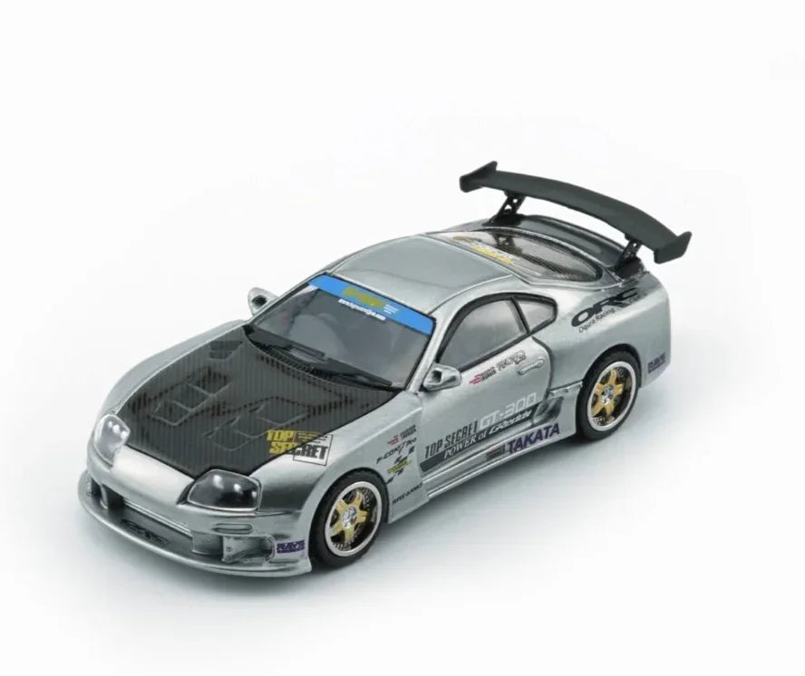 Premium scale diecast model car – Toyota Supra Top Secret JZA80 (RHD) Manila Show, 1:64 Scale (Silver) Collectible