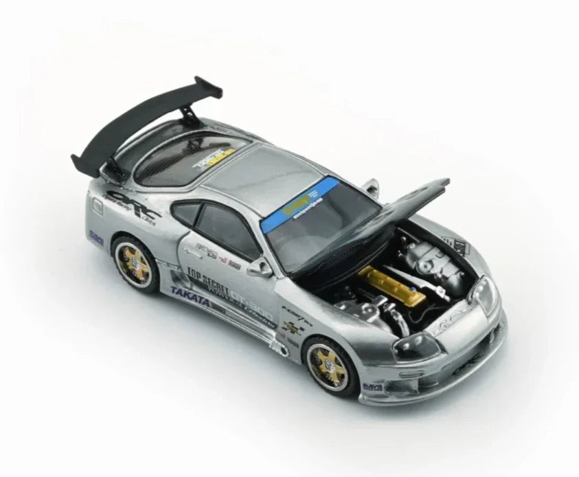 Premium scale diecast model car – Toyota Supra Top Secret JZA80 (RHD) Manila Show, 1:64 Scale (Silver) Collectible