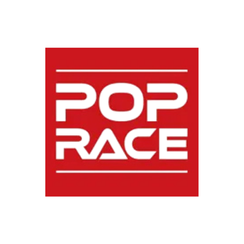 The image shows the POP RACE logo with bold white text on a red square background and horizontal white lines above and below the words.