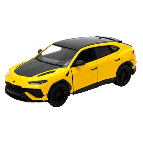 A yellow KT5447W Lamborghini Urus Performante 1:46 die-cast SUV model is shown from a front-side angle, featuring black wheels, tinted windows, and realistic details.