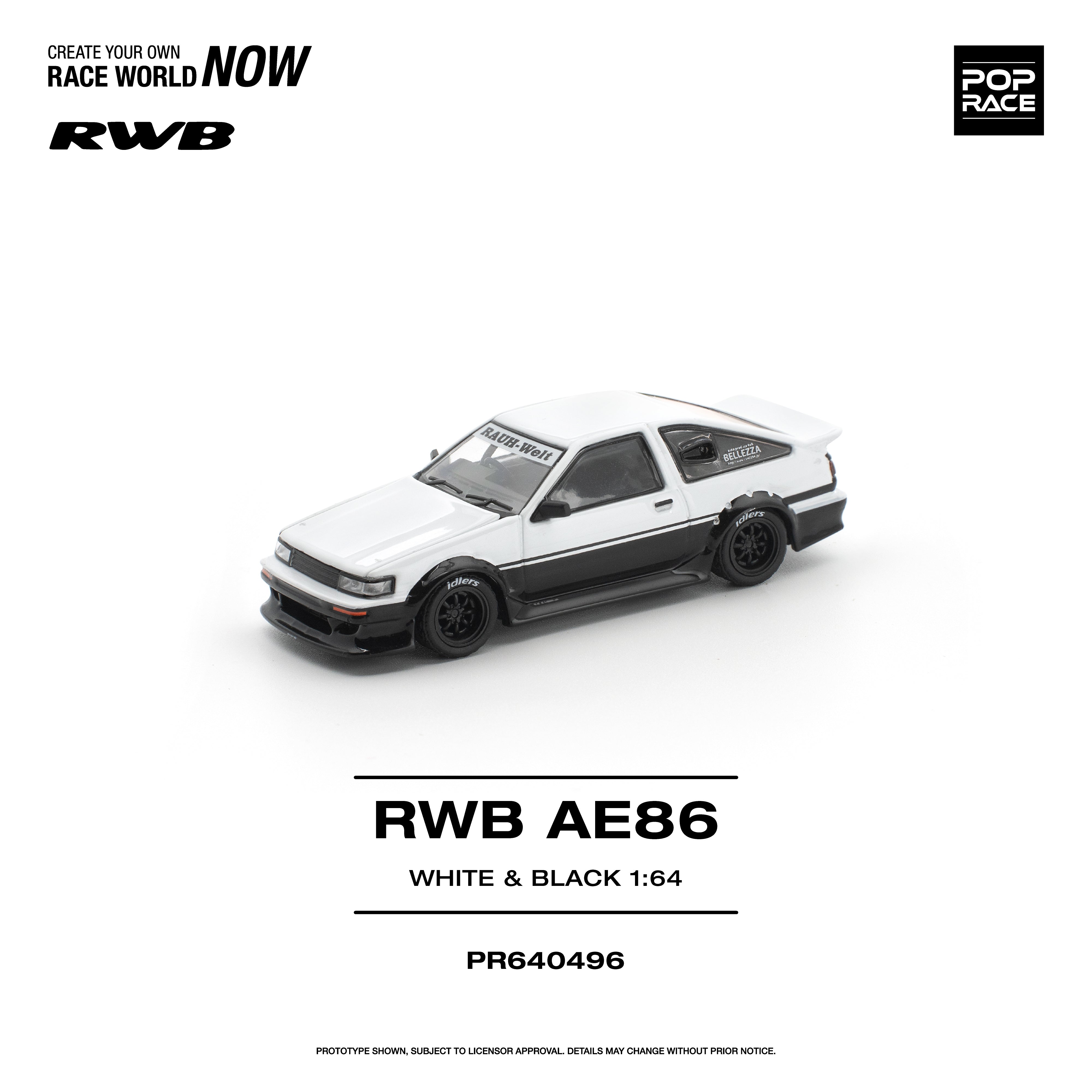 Premium scale diecast model car  – *PRE-ORDER* RWB AE86, 1:64 Scale (White Black) Collectible