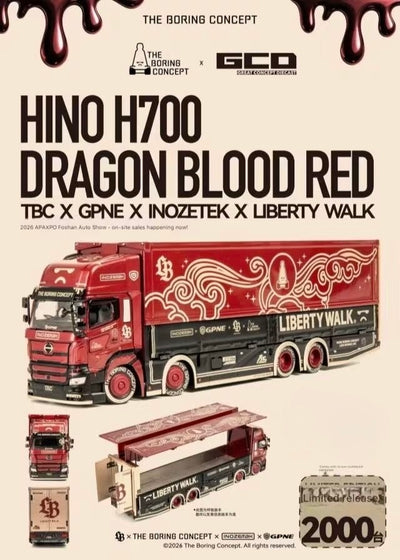 *APAXPO 2026* LB-Truck Hino H700 Transporter The Boring Concept "Dragon Blood Red"  livery, 1:64 Scale