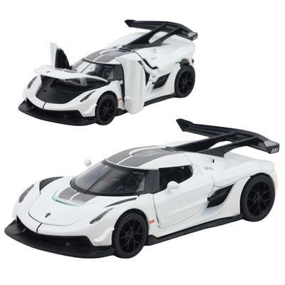 Koenigsegg Jesko Pullback Toy Car - Light, Sound with Openable Doors, 1:32 Scale (White)