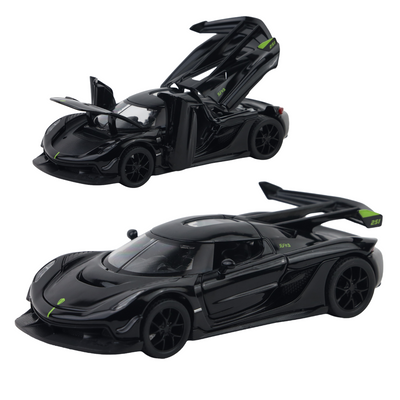 Koenigsegg Jesko Pullback Toy Car - Light, Sound with Openable Doors, 1:32 Scale (Black)
