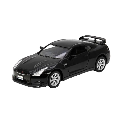 The KT5340W – 2009 Nissan GT-R R35 in black (1:46 scale) features a rear spoiler, silver rims, and fine details, shown on a white background—ideal for Kinsmart Cars collectors.