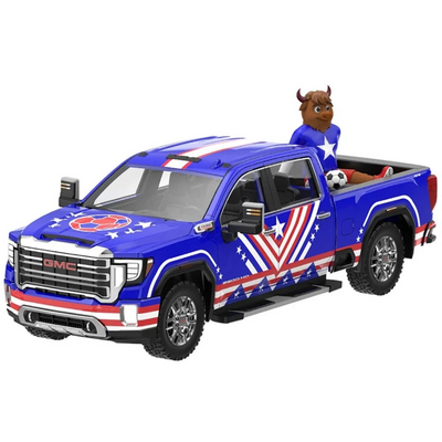*PRE-ORDER*  GMC Sierra 3500 HD Pickup Truck Blue with American Soccer Graphics with Bison Figure 2022, 1:64 Scale