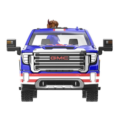 *PRE-ORDER*  GMC Sierra 3500 HD Pickup Truck Blue with American Soccer Graphics with Bison Figure 2022, 1:64 Scale