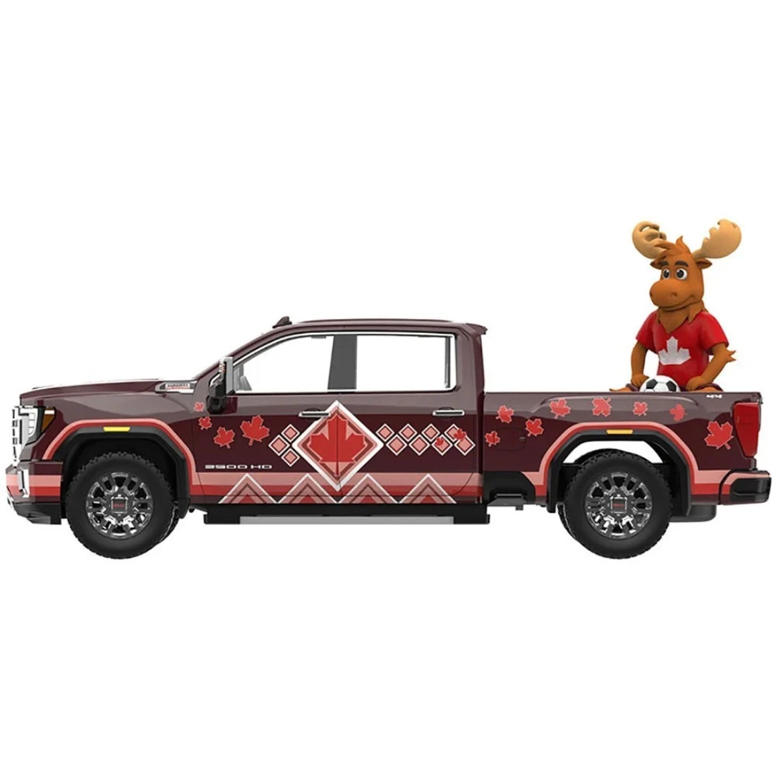 *PRE-ORDER*  GMC Sierra 3500 HD Pickup Truck Dark Red with Canadian Soccer Graphics with Moose Figure 2022, 1:64 Scale