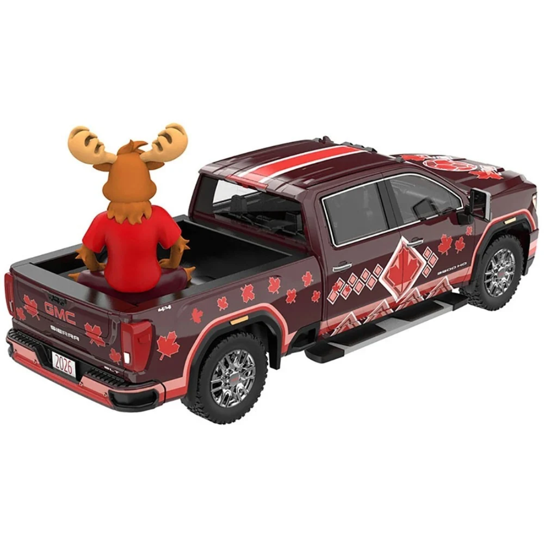 *PRE-ORDER*  GMC Sierra 3500 HD Pickup Truck Dark Red with Canadian Soccer Graphics with Moose Figure 2022, 1:64 Scale