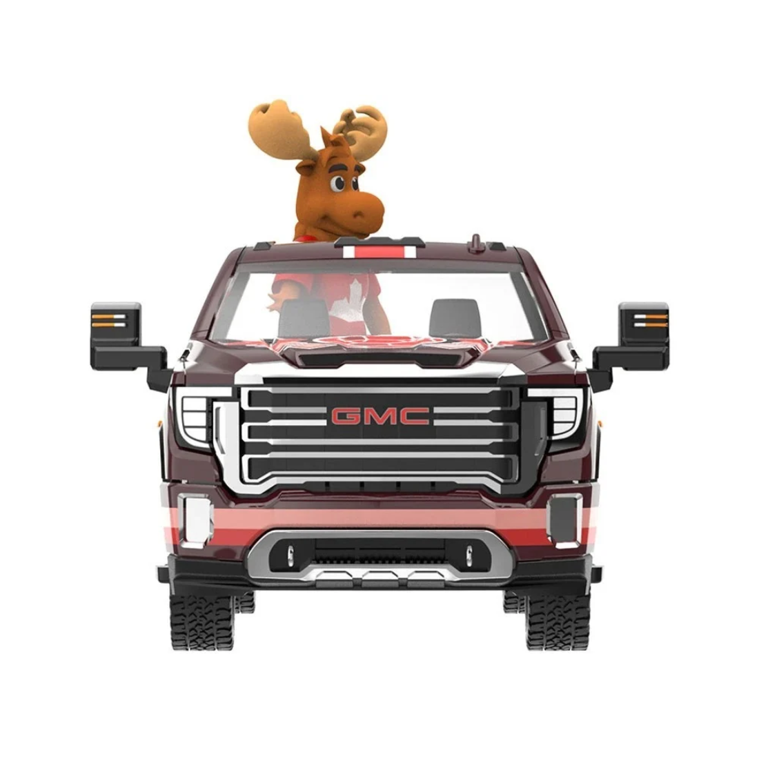 *PRE-ORDER*  GMC Sierra 3500 HD Pickup Truck Dark Red with Canadian Soccer Graphics with Moose Figure 2022, 1:64 Scale