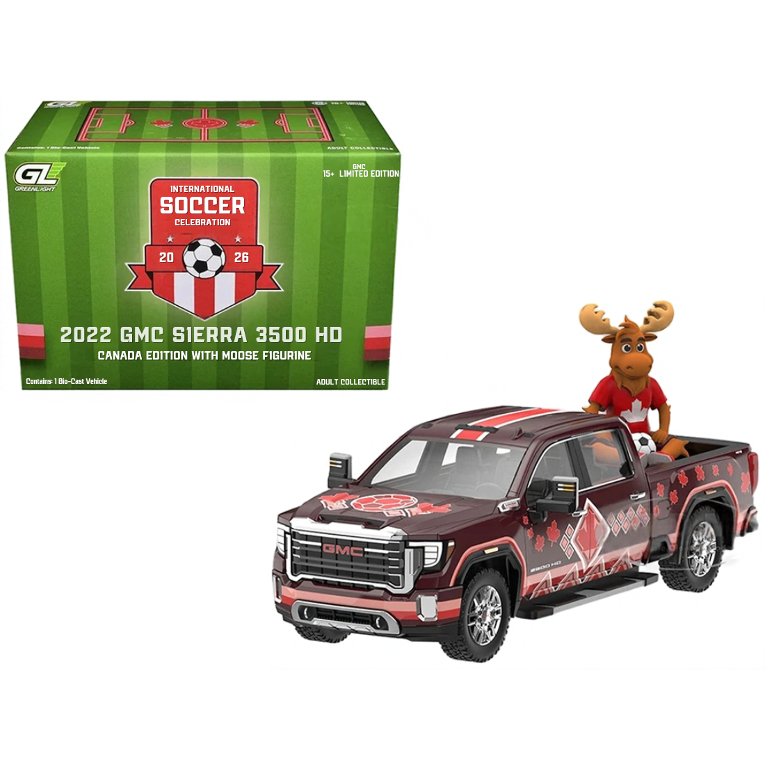 *PRE-ORDER*  GMC Sierra 3500 HD Pickup Truck Dark Red with Canadian Soccer Graphics with Moose Figure 2022, 1:64 Scale