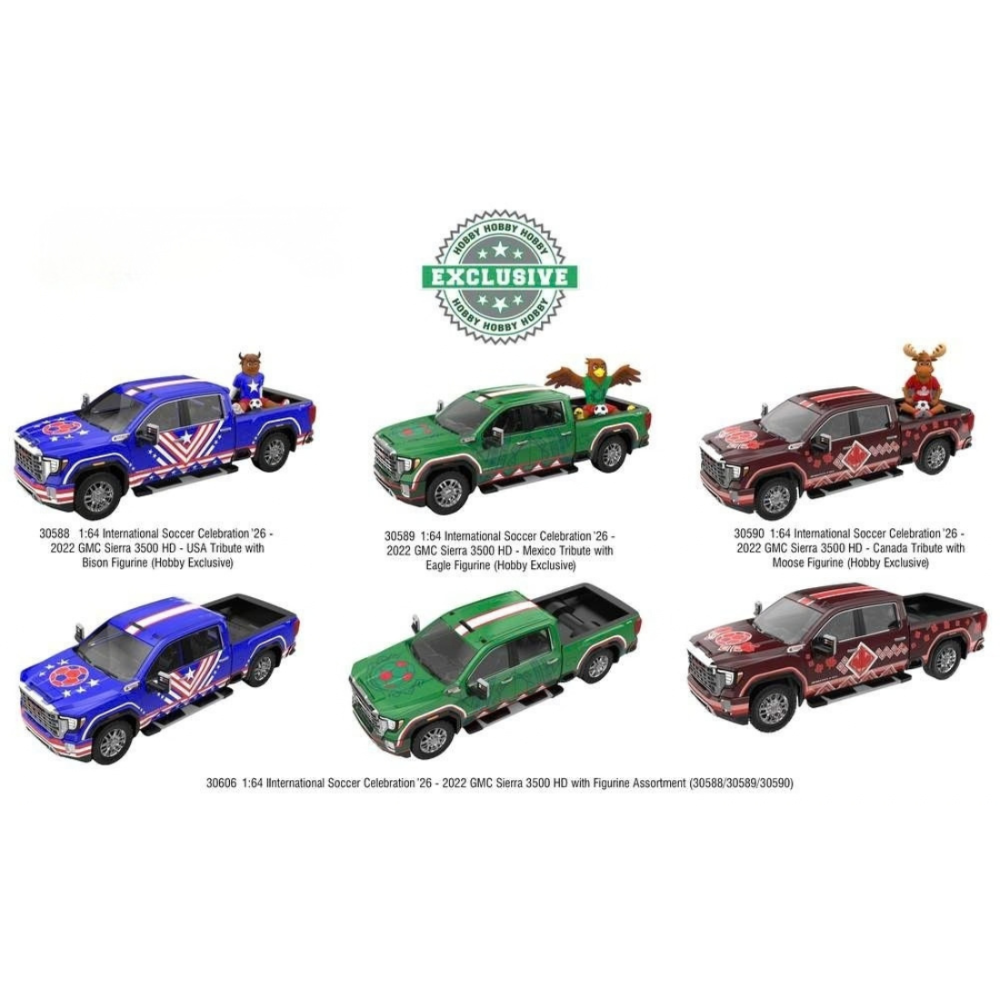 *PRE-ORDER* International Soccer Celebration '26 - 2022 GMC Sierra 3500 HD - USA Tribute with Bison Figurine Assortment (30588/30589/30590), 1:64 Scale