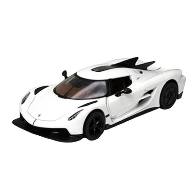 The KT5473W Koenigsegg Jesko Absolut die-cast model in white (1:46 scale) features black accents, tinted windows, and a sleek aerodynamic design, shown from the front on a plain white background.