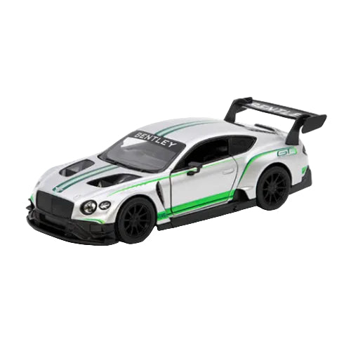 A 1:46 KT5417W Bentley Continental GT3 in white by Kinsmart Cars, featuring silver paint, green stripes, black accents, and a large rear spoiler, is displayed on a white background. This die-cast model boasts impressive detail.